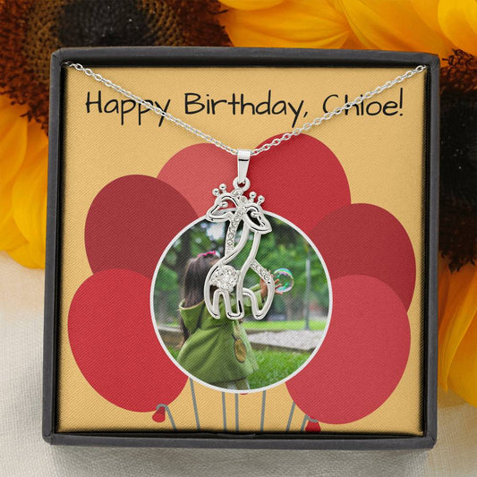 Personalized Birthday Necklace, Custom Photo Message Card, Giraffe Necklace
